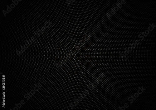 Gold glitter texture on a black background halftone style. Abstract circle retro pattern. Golden explosion of confetti digitally generated