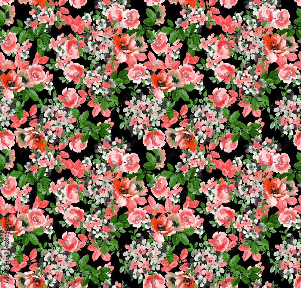 Fototapeta premium Lovely Love Small Red Violet Rose Flowers with Green Leafs on Floral Black Seamless Repeating Background Artistic Wallpaper Pattern for Valentine's Day Christmas Day Invitation Card