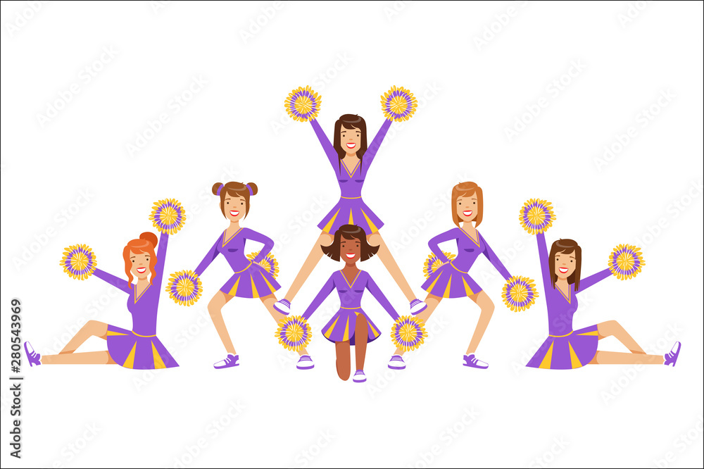 High-School Profession Cheerleading Teams Of Girls Cheerleaders On Final Pyramid Stand Posing With Pompoms High-School Profession Cheerleading Teams Of Girls Cheerleaders On Final Pyramid Stand Posing With Pompoms