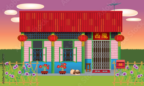 Traditional Chinese style house, often seen in Malaysia's new village. Various types and colour. Caption: the places where the owner's origin.