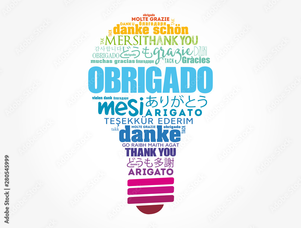 Obrigado (Thank You in Portuguese) light bulb Word Cloud in different languages Obrigado (Thank You in Portuguese) light bulb Word Cloud in different languages