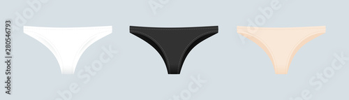 Panties symbol. Woman underwear type: brazilian. Basic colors: white, black and nude. Vector illustration, flat design