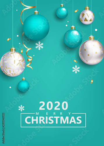 Christmas greeting card with balls on turquoise background