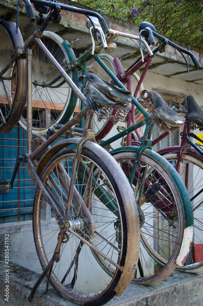 Close up of a mockup from an asian styled bicycle shop close up of the bikes in detail with contrasting colors