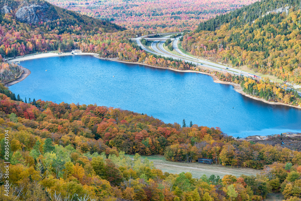 Franconia Notch State Park, aerial view of Lake in foliage season