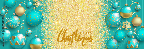 Christmas greeting card with balls on turquoise background