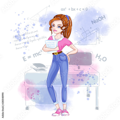 A cute girl student in jeans and a pink blouse is holding a stack of written paper and is standing near the table with a computer. Gentle watercolor background, contour elements of school education 