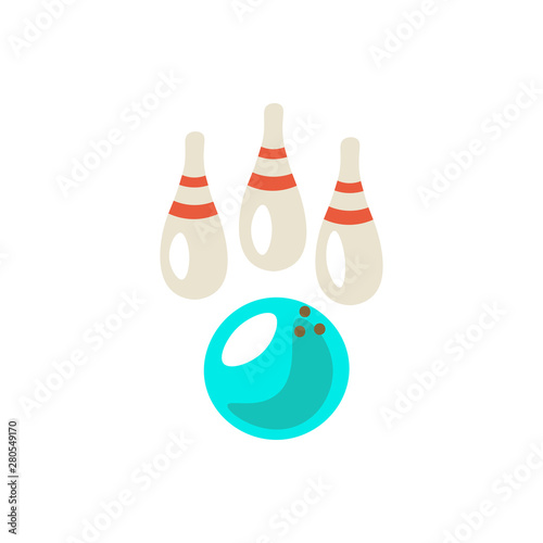 Bowling cute cartoon vector icon illustration. Bowling ball and bowling skittle on white background
