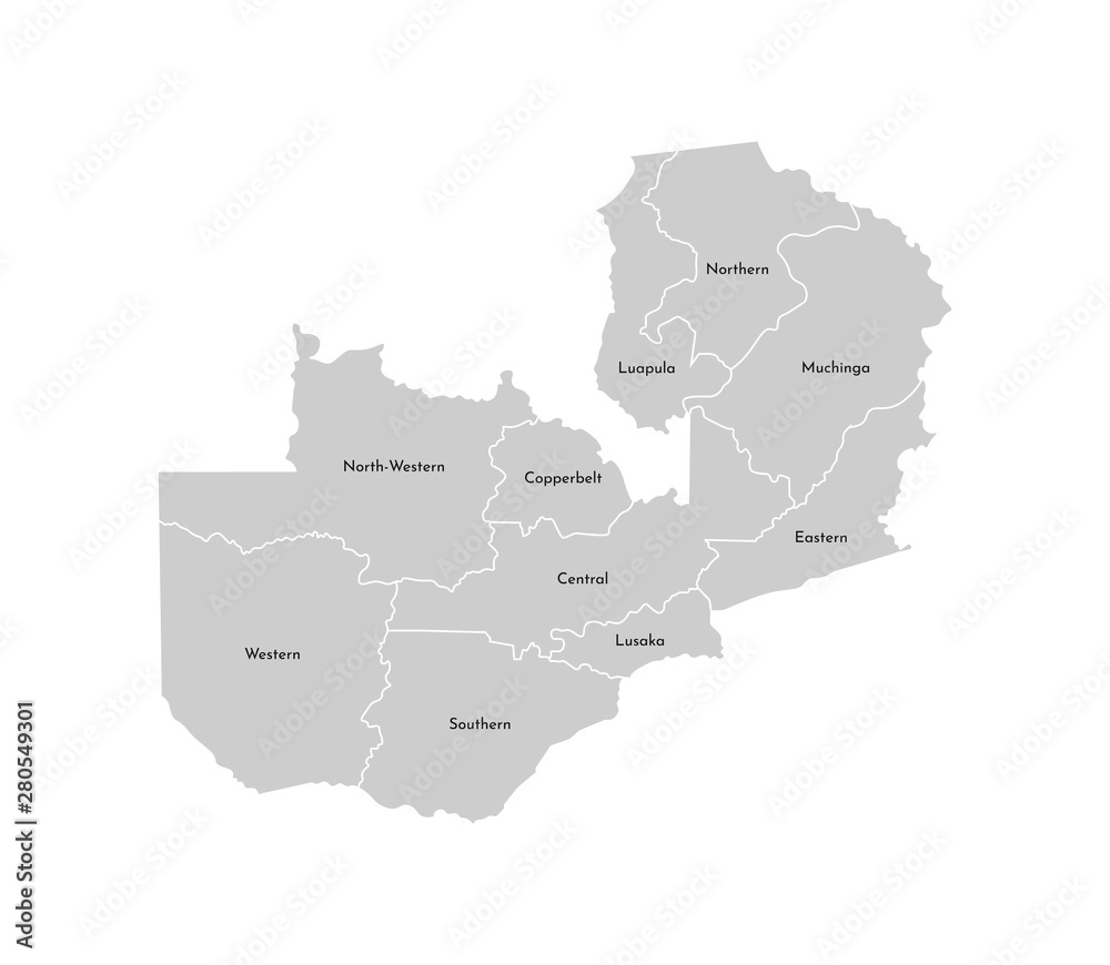 Vector isolated illustration of simplified administrative map of Zambia. Borders and names of the provinces (regions). Grey silhouettes. White outline