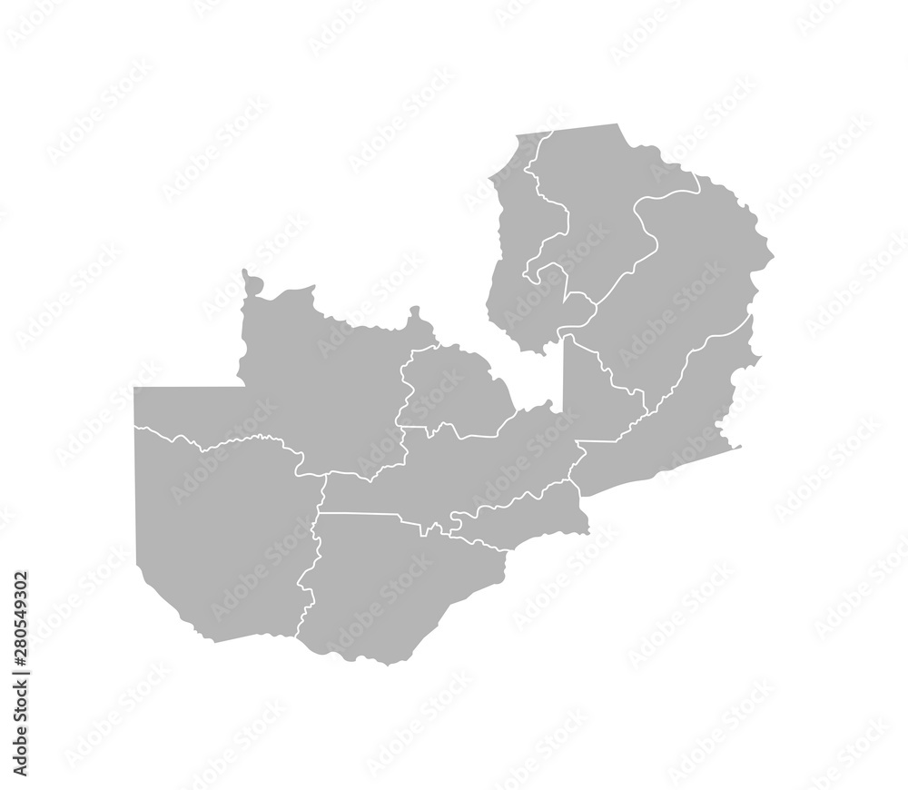 Vector isolated illustration of simplified administrative map of Zambia. Borders of the provinces (regions). Grey silhouettes. White outline