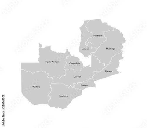 Vector isolated illustration of simplified administrative map of Zambia. Borders and names of the provinces  regions . Grey silhouettes. White outline