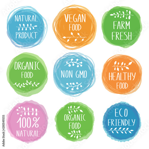 Vegetarian food design watercolor colorful labels.