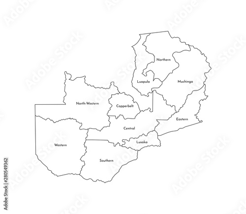 Vector isolated illustration of simplified administrative map of Zambia. Borders and names of the provinces (regions). Black line silhouettes