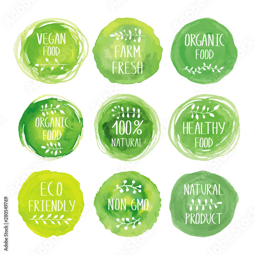Ecology products watercolor green logo collection. Packaging tags for natural vegetarian healthy products. Hand drawn painting. Sign label,textured emblem set. Organic design template.