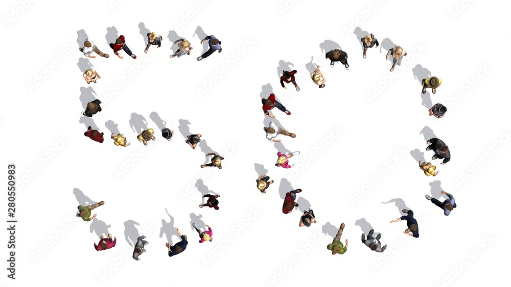 people - arranged in number 50 - top view with shadow - isolated on