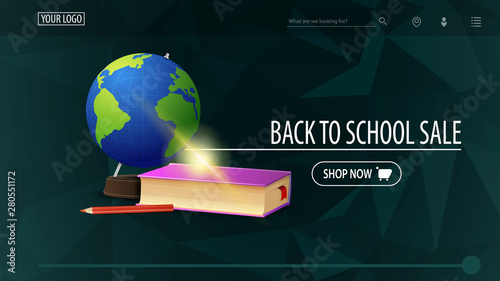 Back to school sale and discount week, green discount banner with polygonal texture, globe and school textbooks
