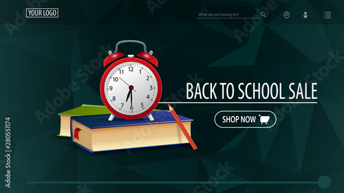 Back to school sale and discount week, green discount banner with polygonal texture, school books and alarm clock
