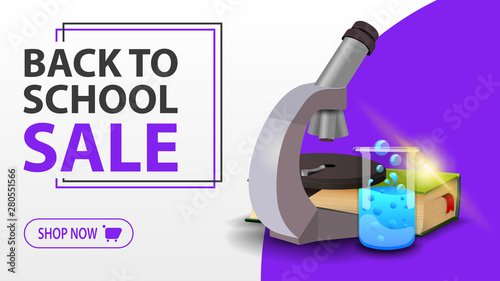 Back to school sale, white banner with microscope, books and chemical flask