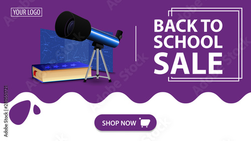 Back to school sale, red banner with telescope, map of the constellations and the encyclopedia of astronomy