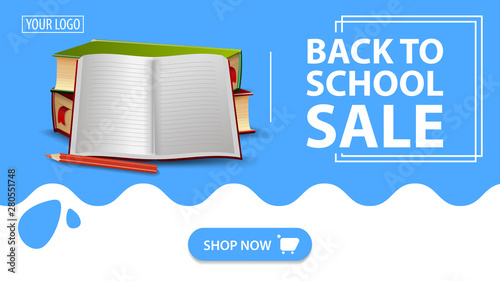 Back to school sale, red banner with school textbooks and notebook