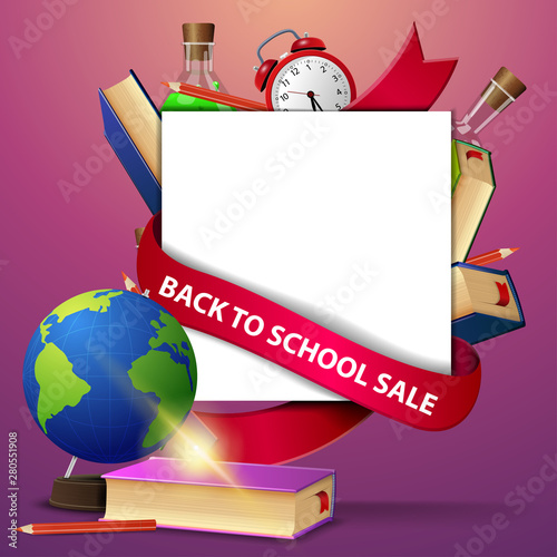 Back to school sale, web banner template with globe and school textbooks