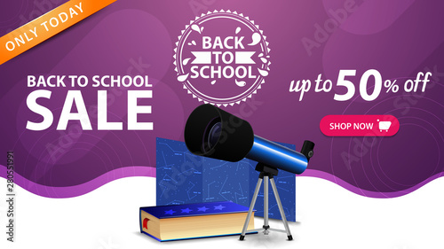 Back to school sale, purple web banner template with button, telescope, map of the constellations and the encyclopedia of astronomy