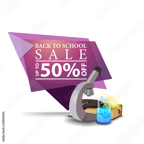 Modern pink geometric discount banner to the back to school with microscope, books and chemical flask