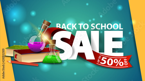 Back to school sale, green web banner with books and chemical flasks