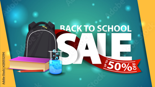 Back to school sale, green web banner with school backpack, a book and a chemical flask