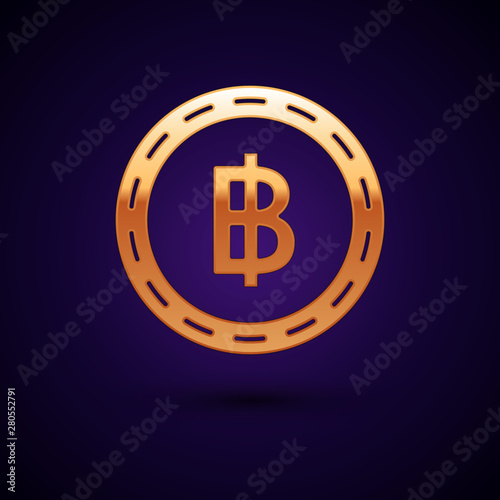 Gold Cryptocurrency coin Bitcoin icon isolated on dark blue background. Blockchain technology, bitcoin, digital money market, cryptocoin wallet. Vector Illustration