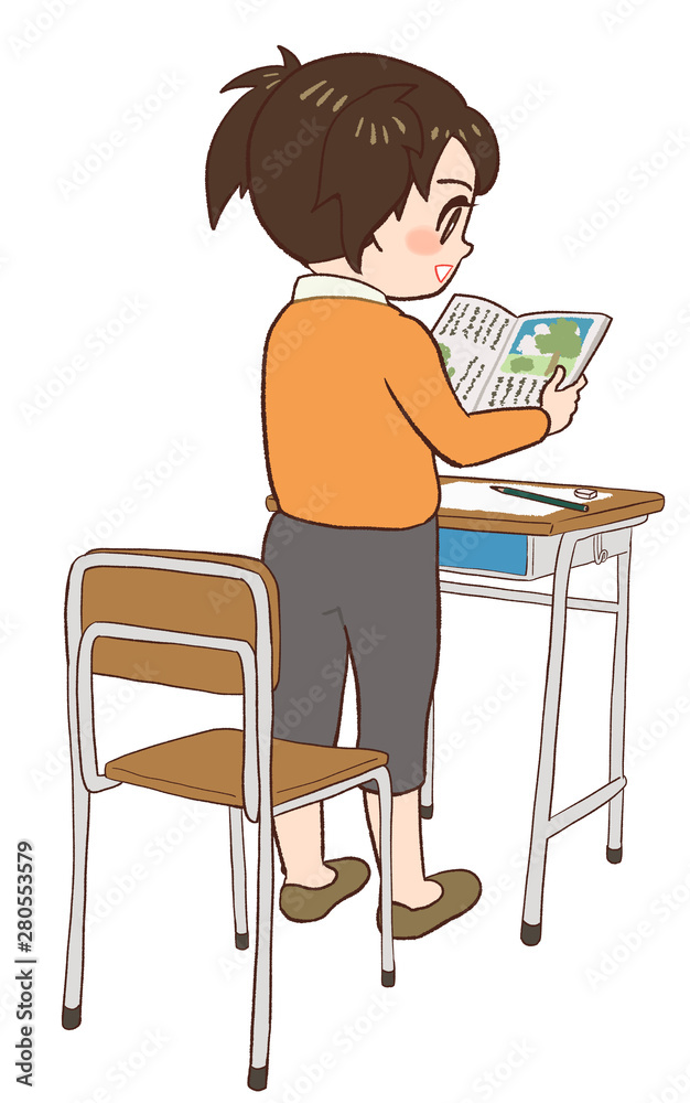 教室 机 椅子　音読する子供