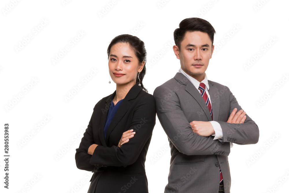 Asian business people stand back to back together.. Asian business people stand back to back together..