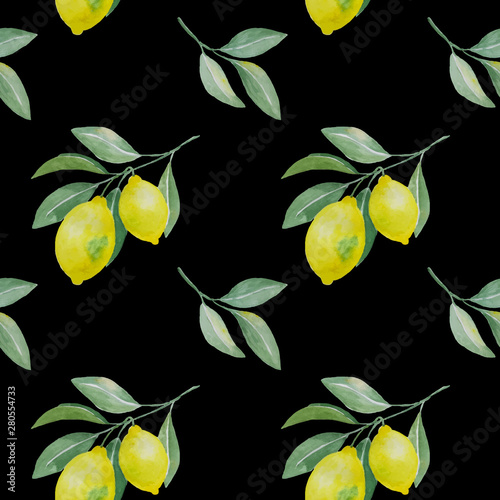 abstract watercolor hand drawn seamless pattern with lemon branches and leaves on black, vector illustration best for textile, wallpaper, wrapping, background