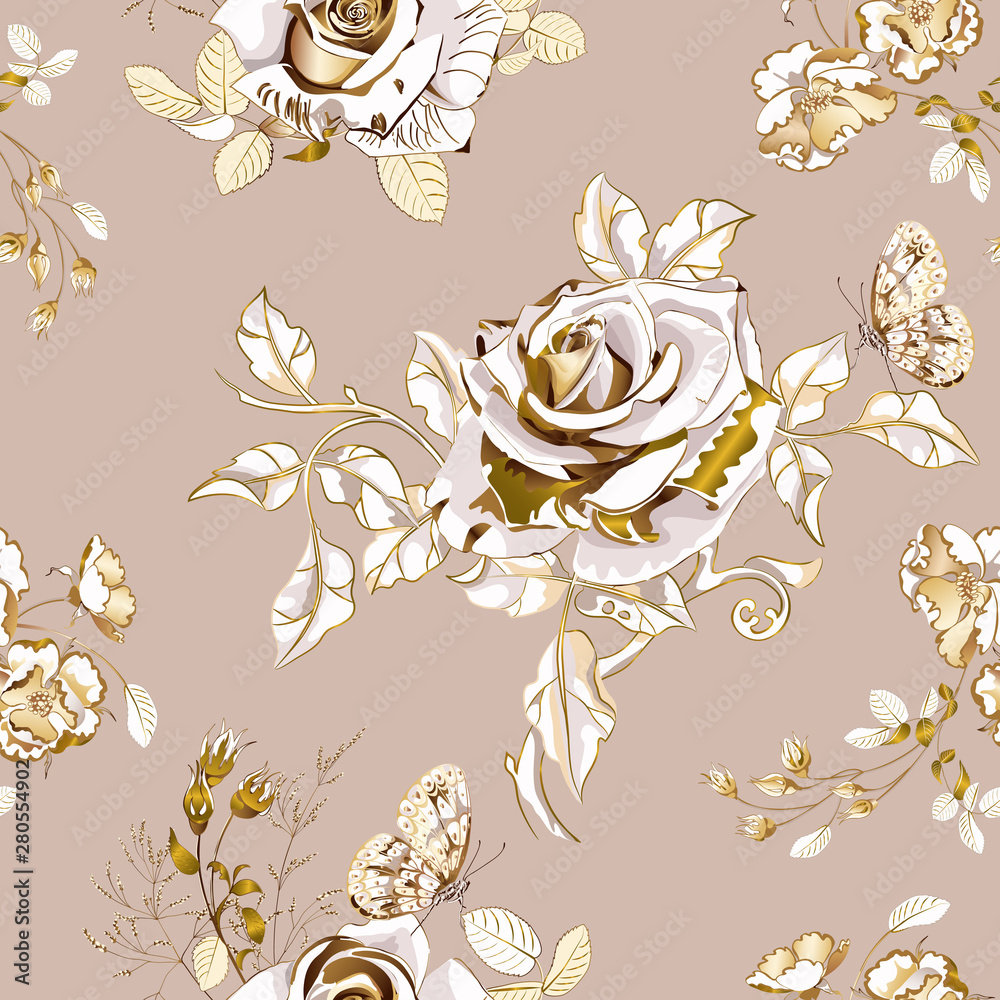 Bouquet of beautiful golden rose flowers and butterfly on cream background,  seamless pattern. Stock Vector | Adobe Stock