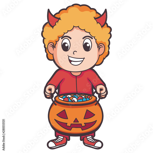 cartoon kids wear costumes evil pumpkins with candy bucket on halloween day