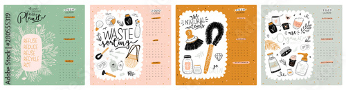 Cute Zero Waste 2020 Calendar. Yearly Planner Calendar with all Months. Good Organizer and Schedule. Bright colorful illustration with motivational quotes. Vector background