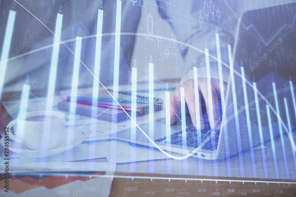 Forex graph with businessman working on computer in office on background. Concept of hardworking. Multi exposure. Forex graph with businessman working on computer in office on background. Concept of hardworking. Multi exposure.