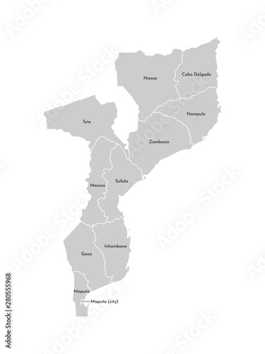 Vector isolated illustration of simplified administrative map of Mozambique. Borders and names of the provinces (regions). Grey silhouettes. White outline