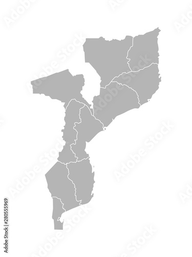 Vector isolated illustration of simplified administrative map of Mozambique. Borders of the provinces (regions). Grey silhouettes. White outline photo