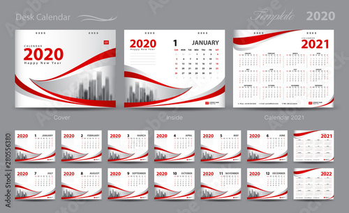 Set Desk Calendar 2020 template vector, Calendar 2021-2022, cover design, Set of 12 Months, Week starts Sunday, Stationery design, flyer layout, planner, printing media, red background, advertisement