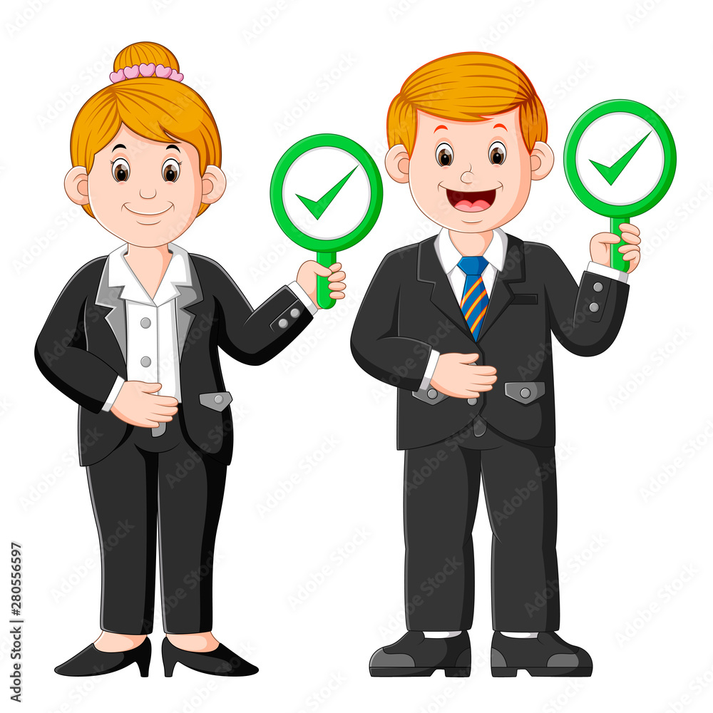 Business people showing approval sign placards Business people showing approval sign placards