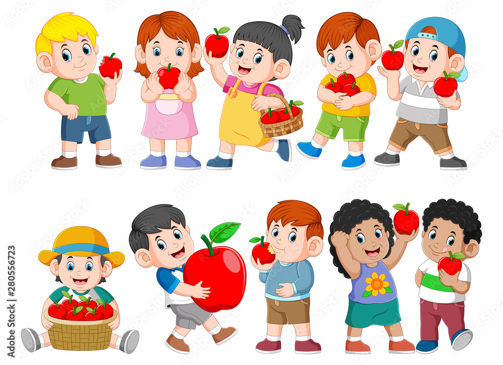 Collection of happy Kids with fresh apple