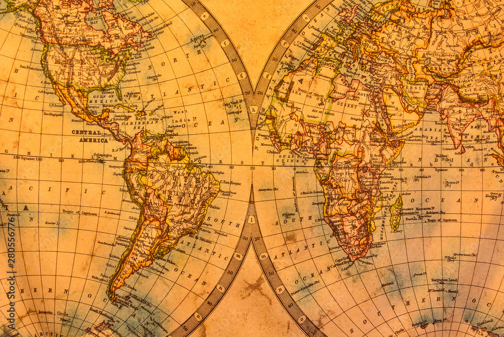 Vintage illustration of ancient atlas map of world on old paper. Stock ...