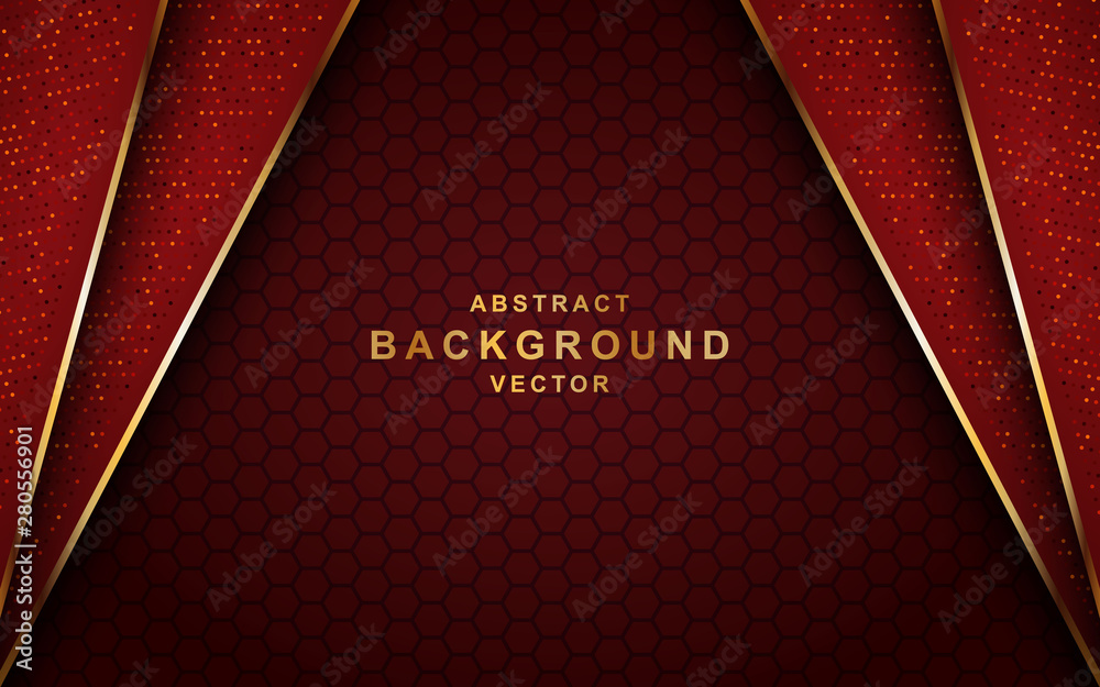 Dark red abstract background with overlap layers. Texture with golden ...
