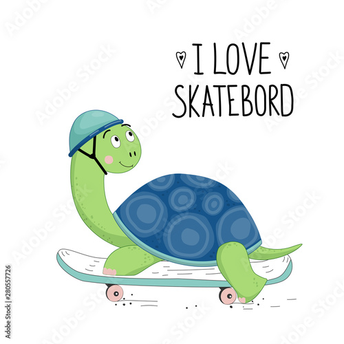 Cute turtle on a skateboard drawn vector illustration with letters I love skatebord.