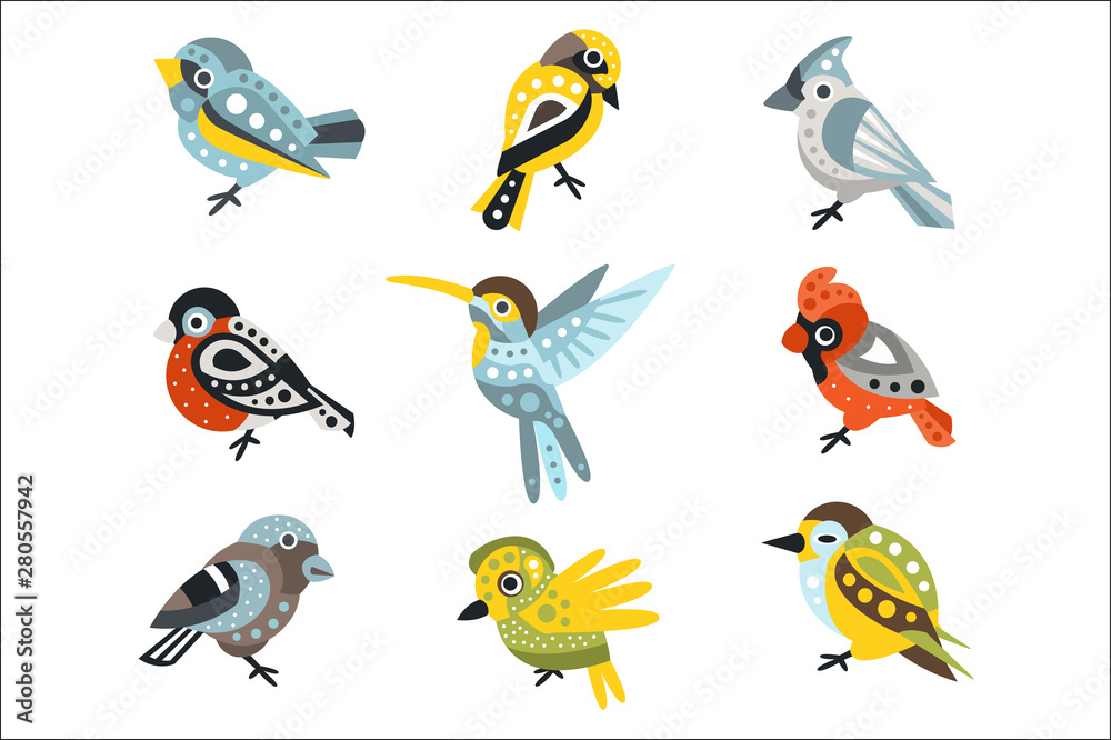 Fototapeta premium Small Bird Species, Sparrows And Hummingbirds Set Of Decorative Artistic Design Wild Animals Vector Illustrations