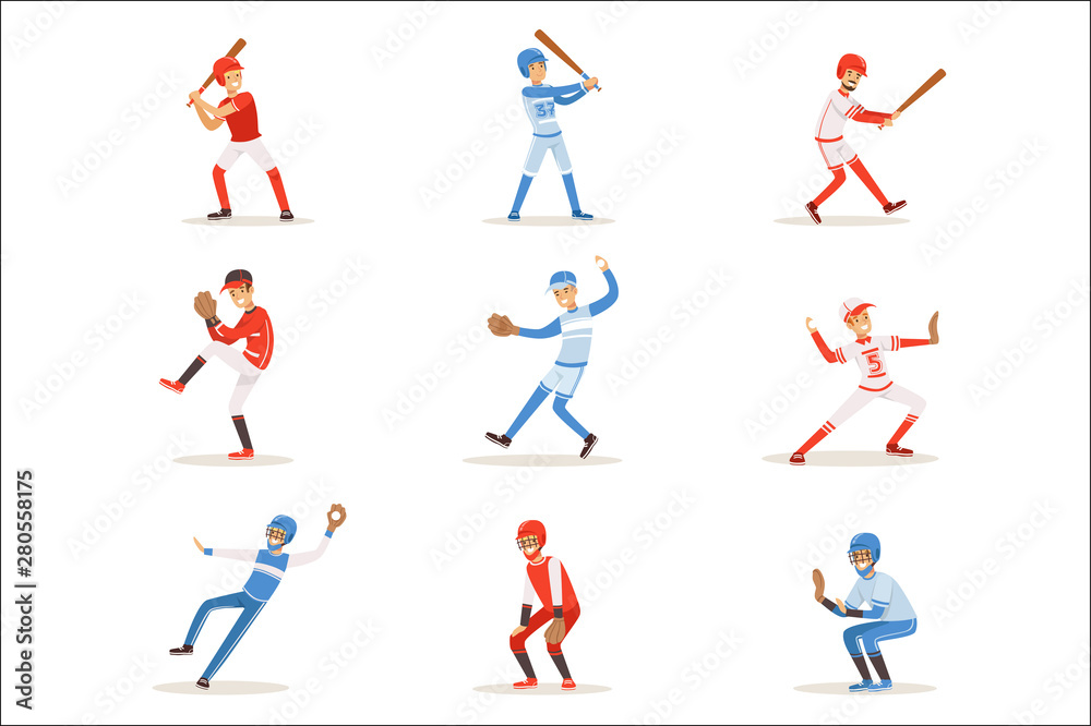 Professional League Baseball Players On The Field Playing Baseball, Sportsmen In Uniform Set Of Vector Illustrations.
