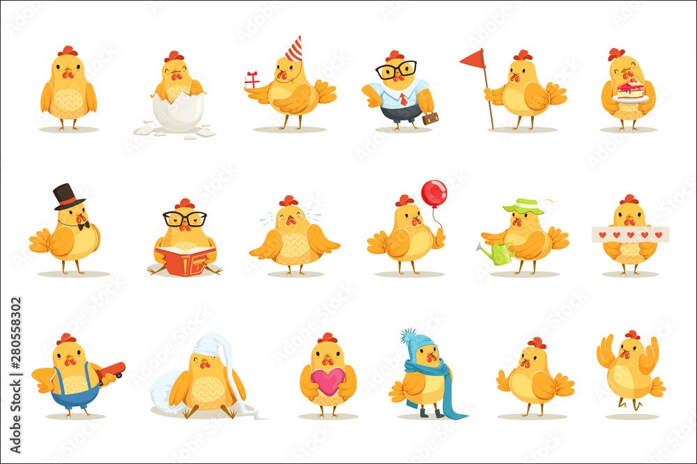 Little Yellow Chicken Chick Different Emotions And Situations Set Of Cute Emoji Illustrations