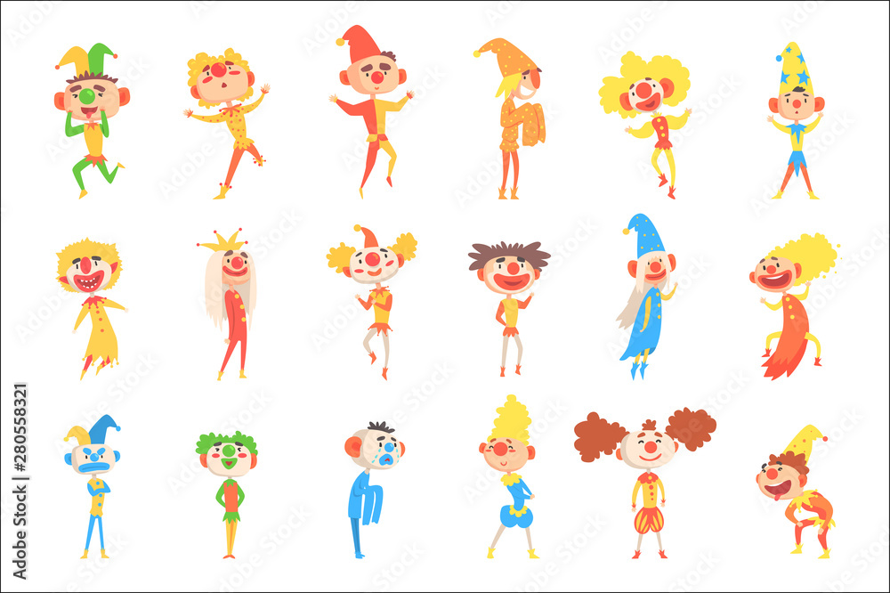 Medieval Clowns And Fools Set Of Childish Stylized Jester Characters With Painted Faces And Classic Outfits Medieval Clowns And Fools Set Of Childish Stylized Jester Characters With Painted Faces And Classic Outfits