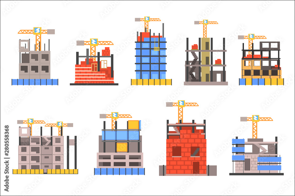 Unfinished Modern Building Construction Set With No People And Lifting Crane Set Of Icons